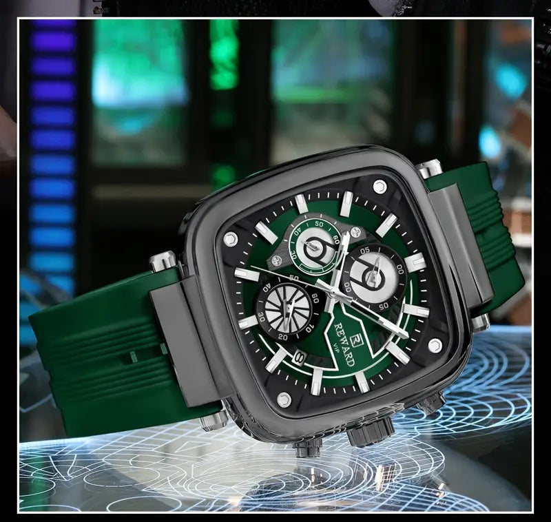 Reward Square Men's Watch – Silicone Band | Chronograph | Waterproof