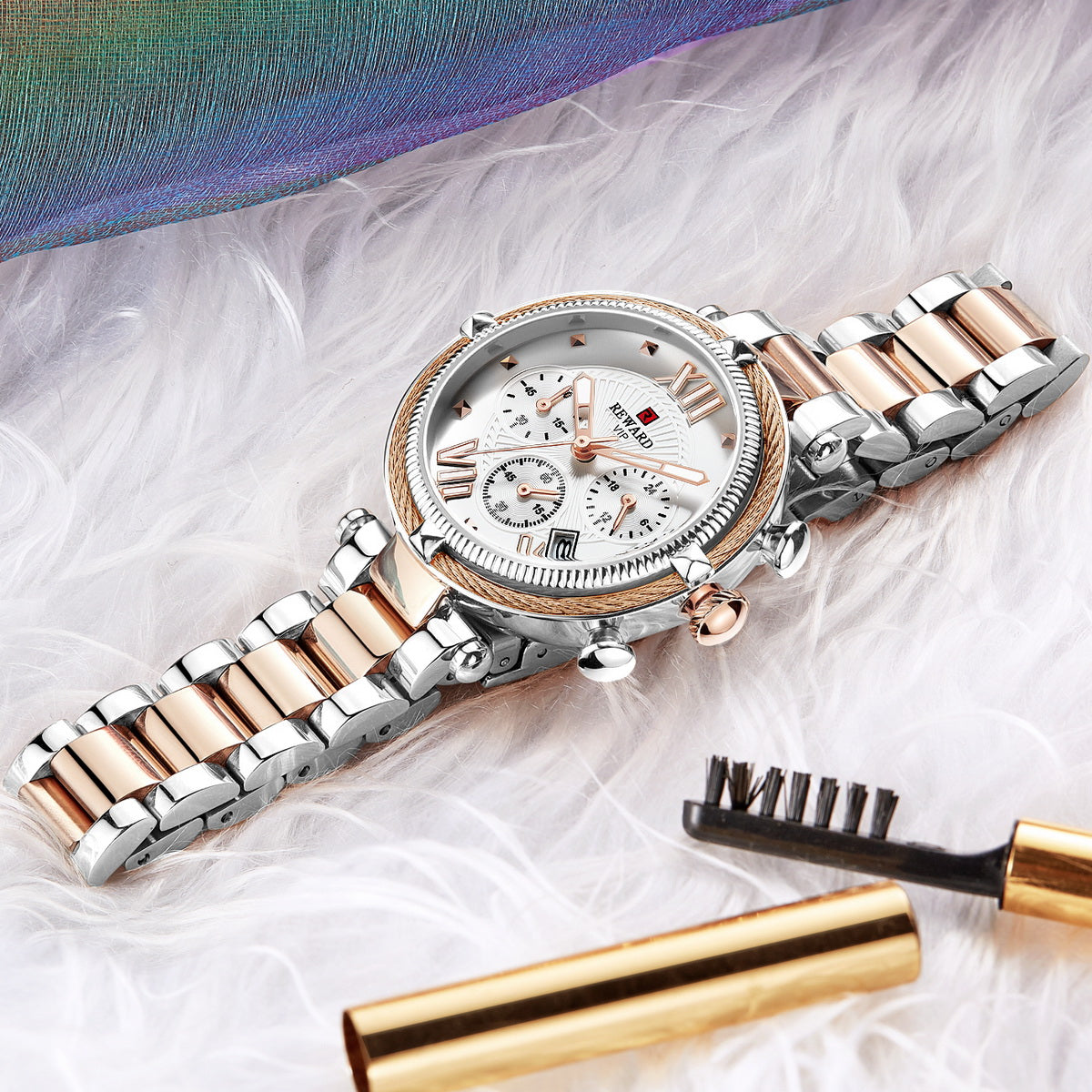 REWARD Fashion Women Wristwatch Stainless Steel Strap Quartz, Waterproof, Chronograph & Calendar