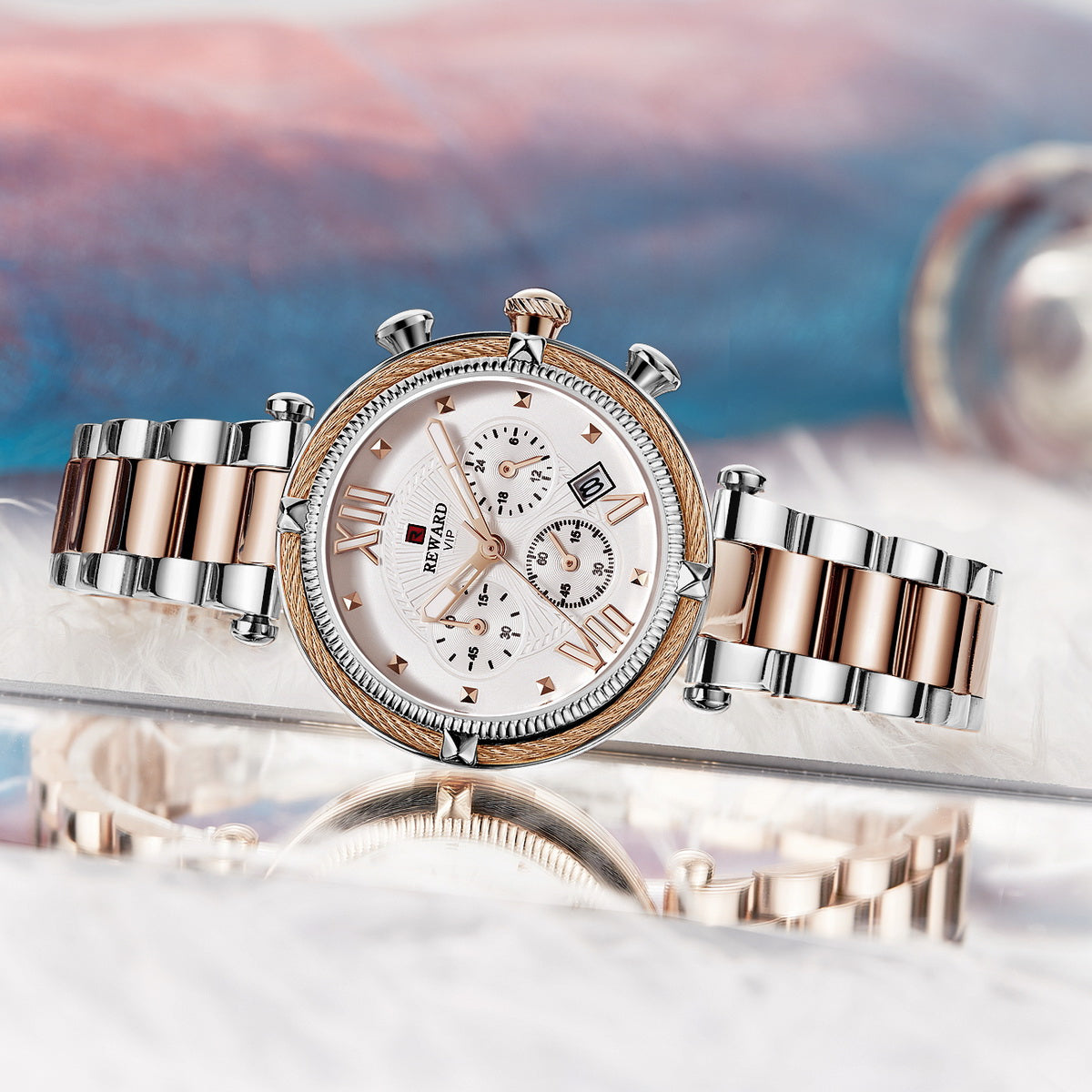 REWARD Fashion Women Wristwatch Stainless Steel Strap Quartz, Waterproof, Chronograph & Calendar