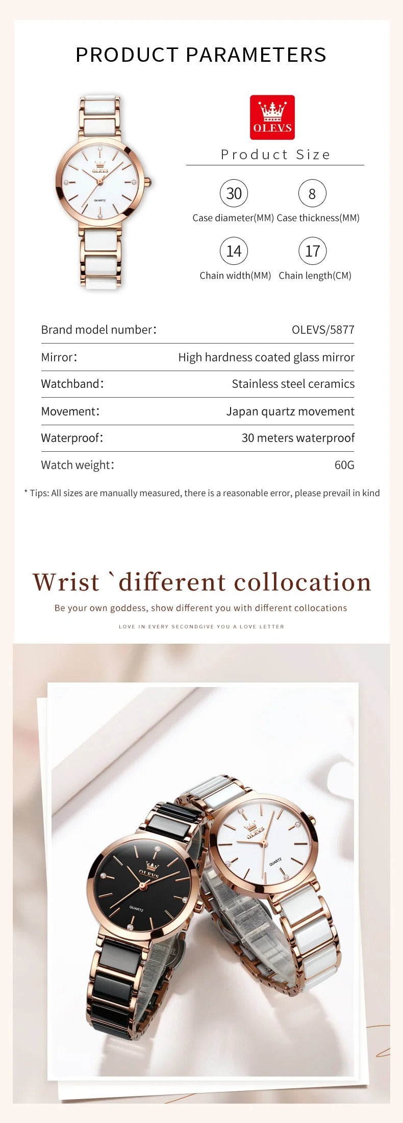 Women’s Quartz Watch OLEVS 5877 – Waterproof Ceramic Band, Elegant Design