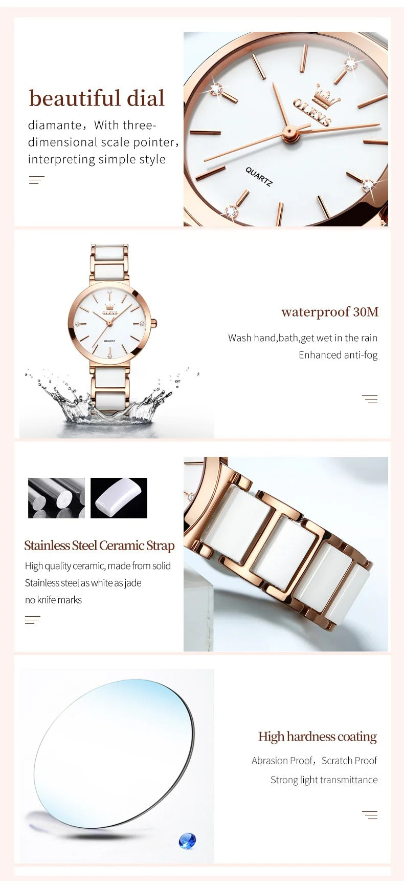 Women’s Quartz Watch OLEVS 5877 – Waterproof Ceramic Band, Elegant Design
