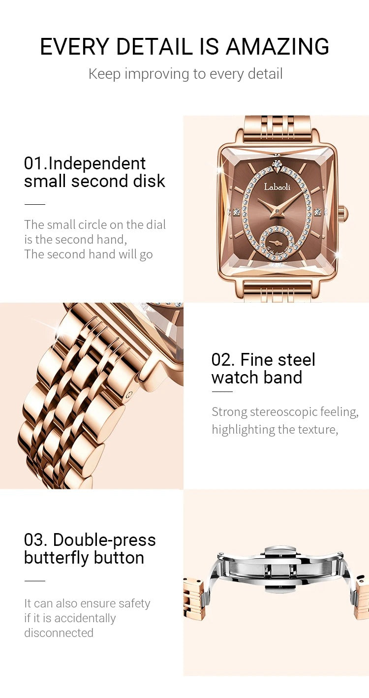 LABAOLI Women’s Waterproof Quartz Watch | Stainless Steel Band, 3 BAR Water Resistance – Luxury Alloy Case
