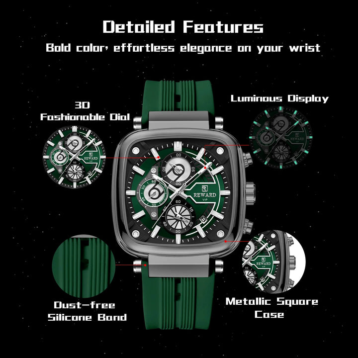 Reward Square Men's Watch – Silicone Band | Chronograph | Waterproof