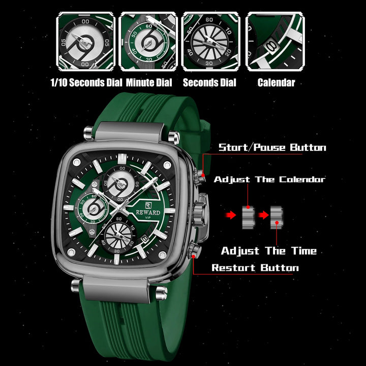 Reward Square Men's Watch – Silicone Band | Chronograph | Waterproof