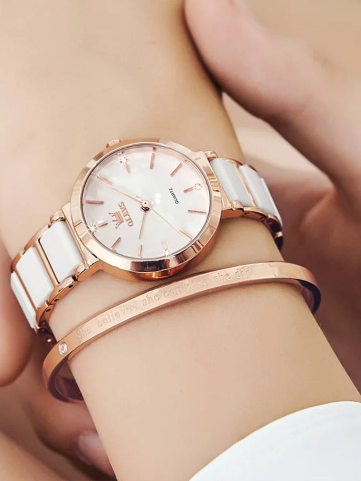 Women’s Quartz Watch OLEVS 5877 – Waterproof Ceramic Band, Elegant Design
