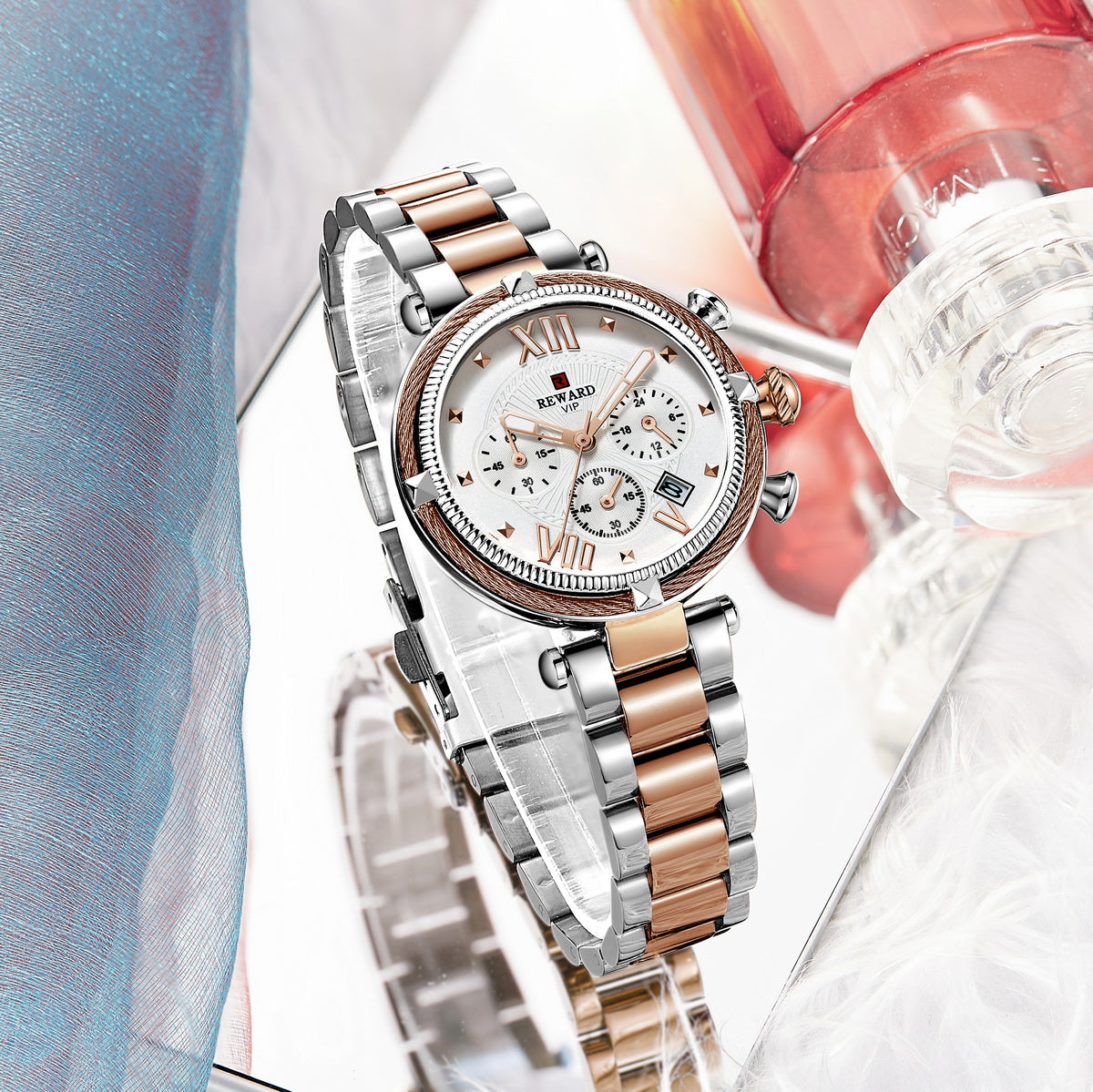 REWARD Fashion Women Wristwatch Stainless Steel Strap Quartz, Waterproof, Chronograph & Calendar - Image 3