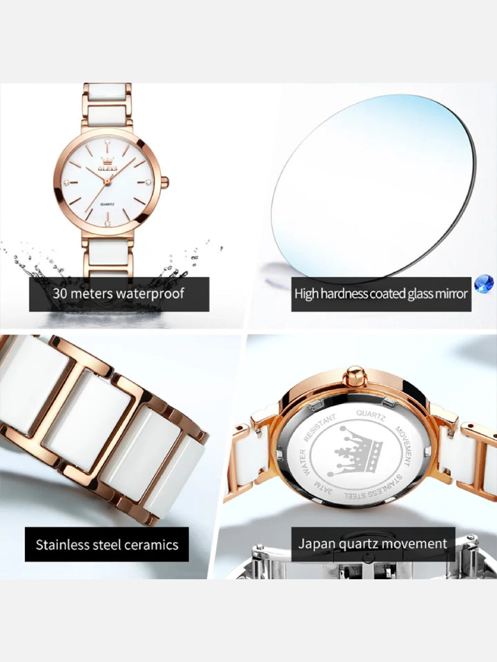 Women’s Quartz Watch OLEVS 5877 – Waterproof Ceramic Band, Elegant Design